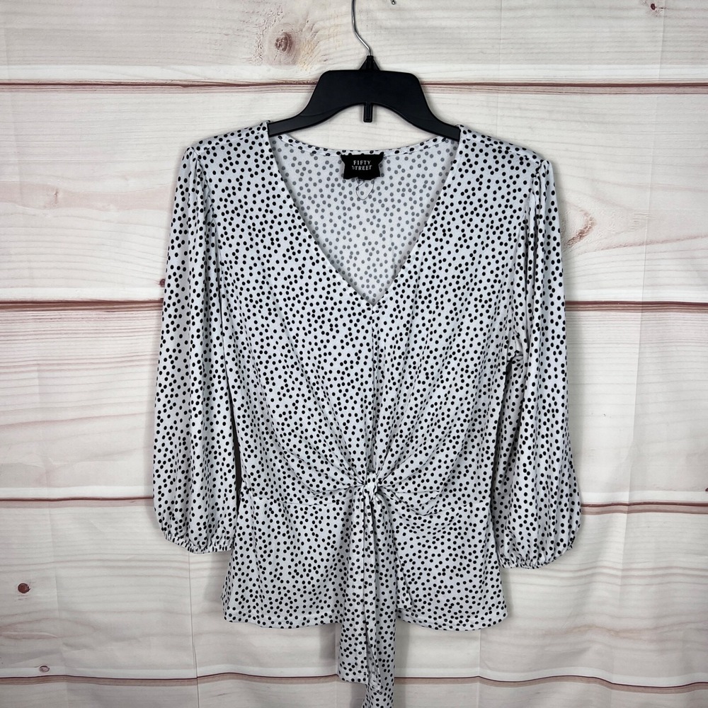 Fifty Street Top Women M White Polka Dot Blouse V-Neck 3/4 Sleeve Knit Tie Front